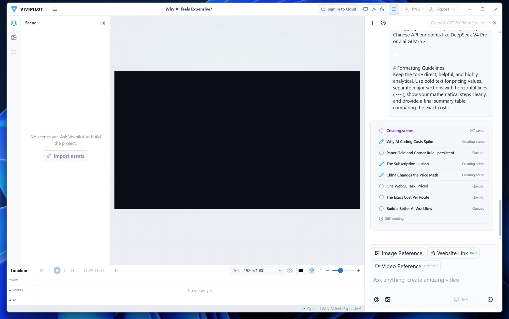 Vivipilot Agent building seven editable motion scenes in the Desktop editor