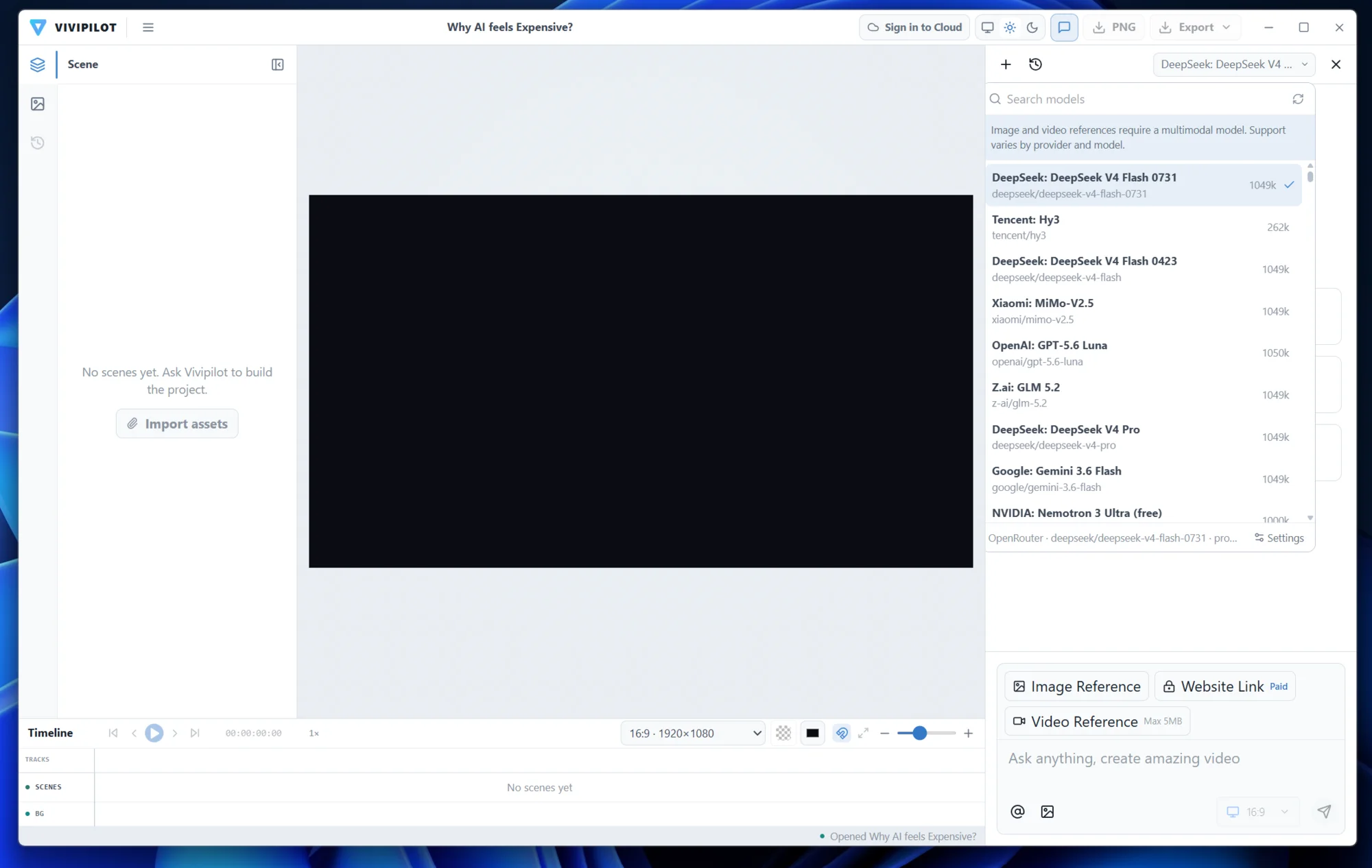 Vivipilot Desktop editor showing the BYOK model menu and image and video reference controls