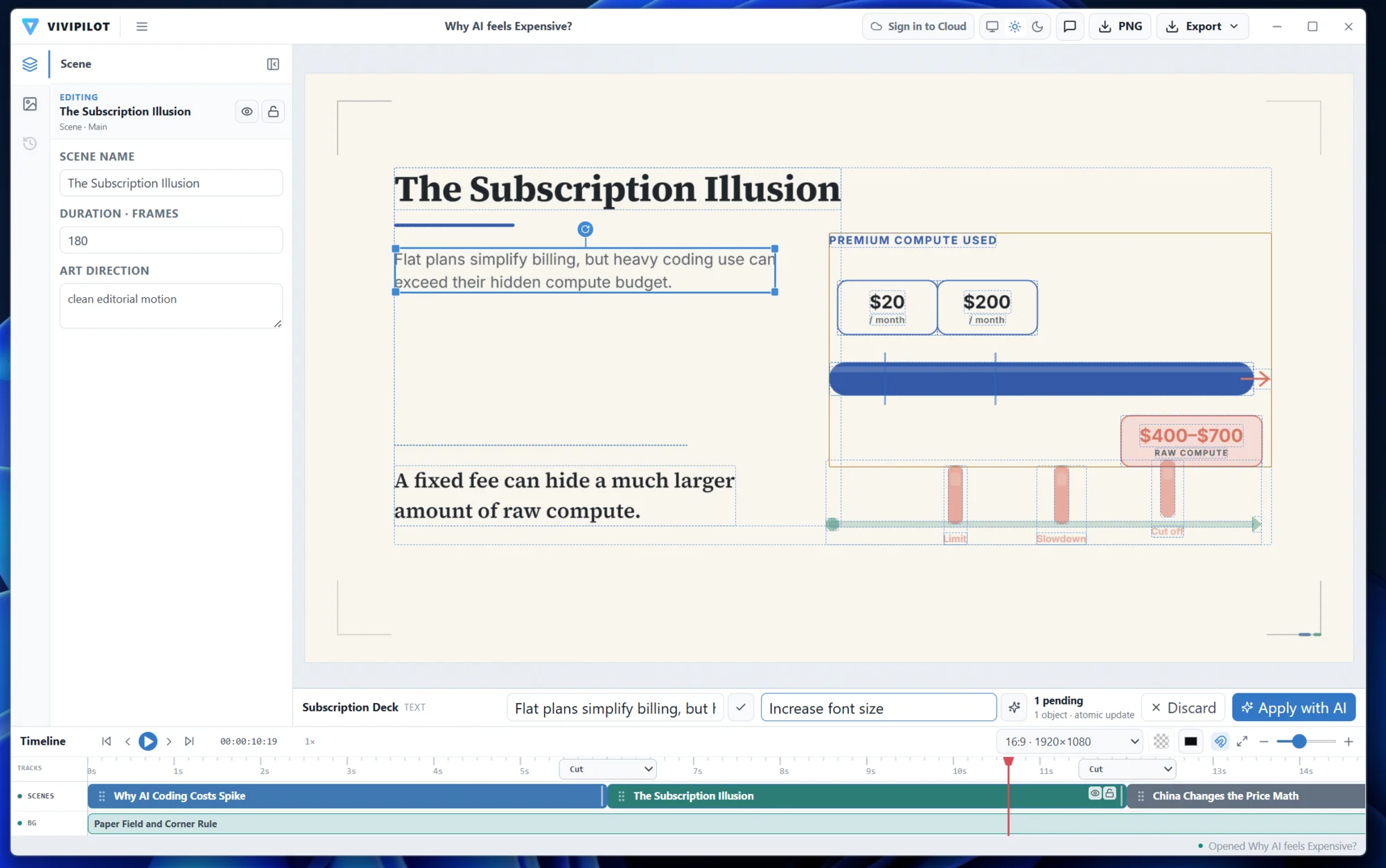 Vivipilot Desktop direct editing mode with selectable scene elements and an AI edit instruction