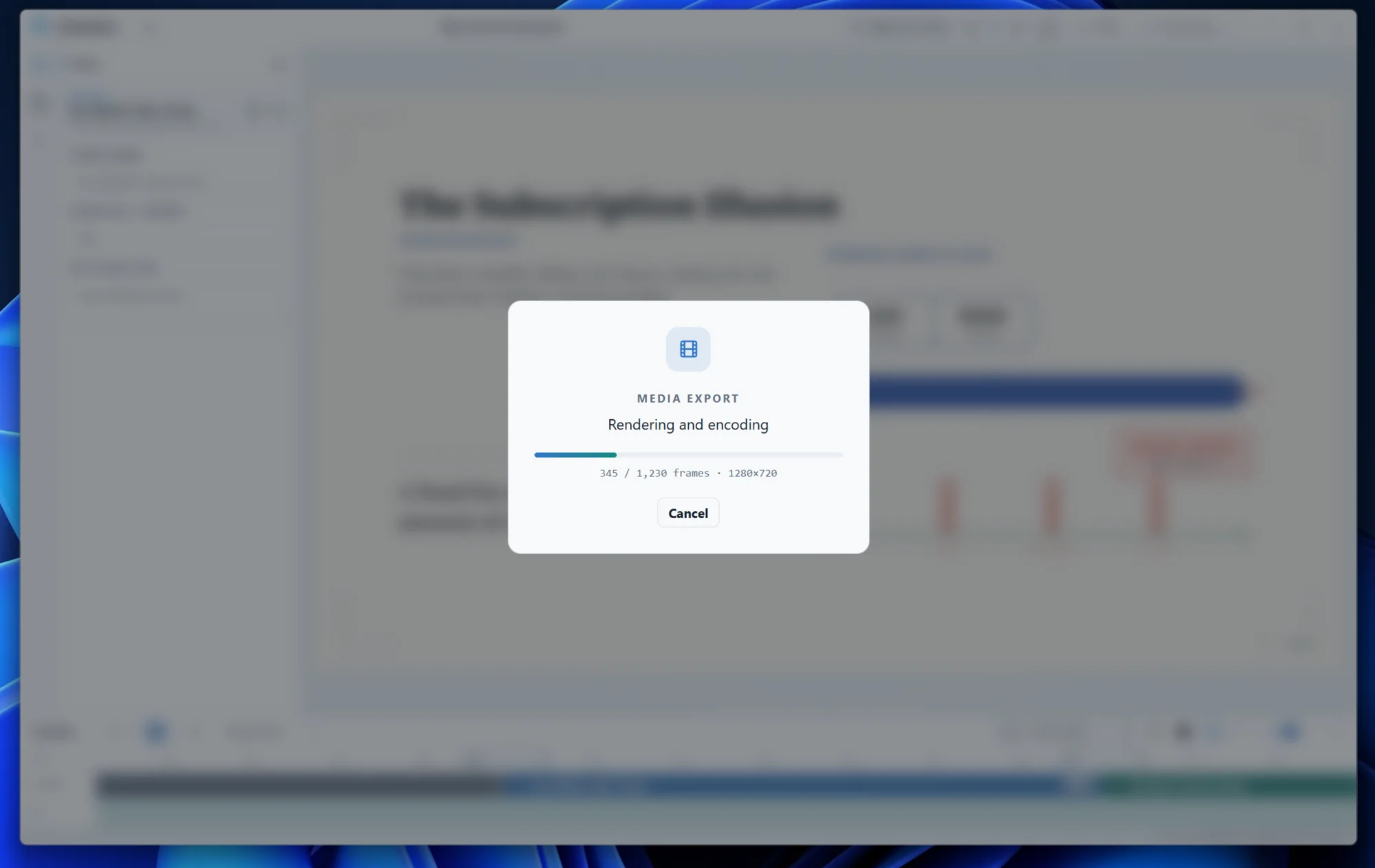 Vivipilot Desktop local media export window rendering a video with frame progress